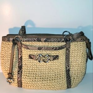 Brighton woven straw purse hand bag tan with grey snake skin pattern leather